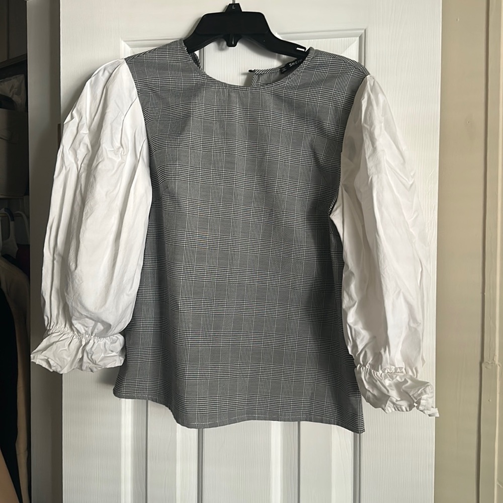 Shein Plaid Gingham Balloon Sleeve Long Sleeve Blouse/Top